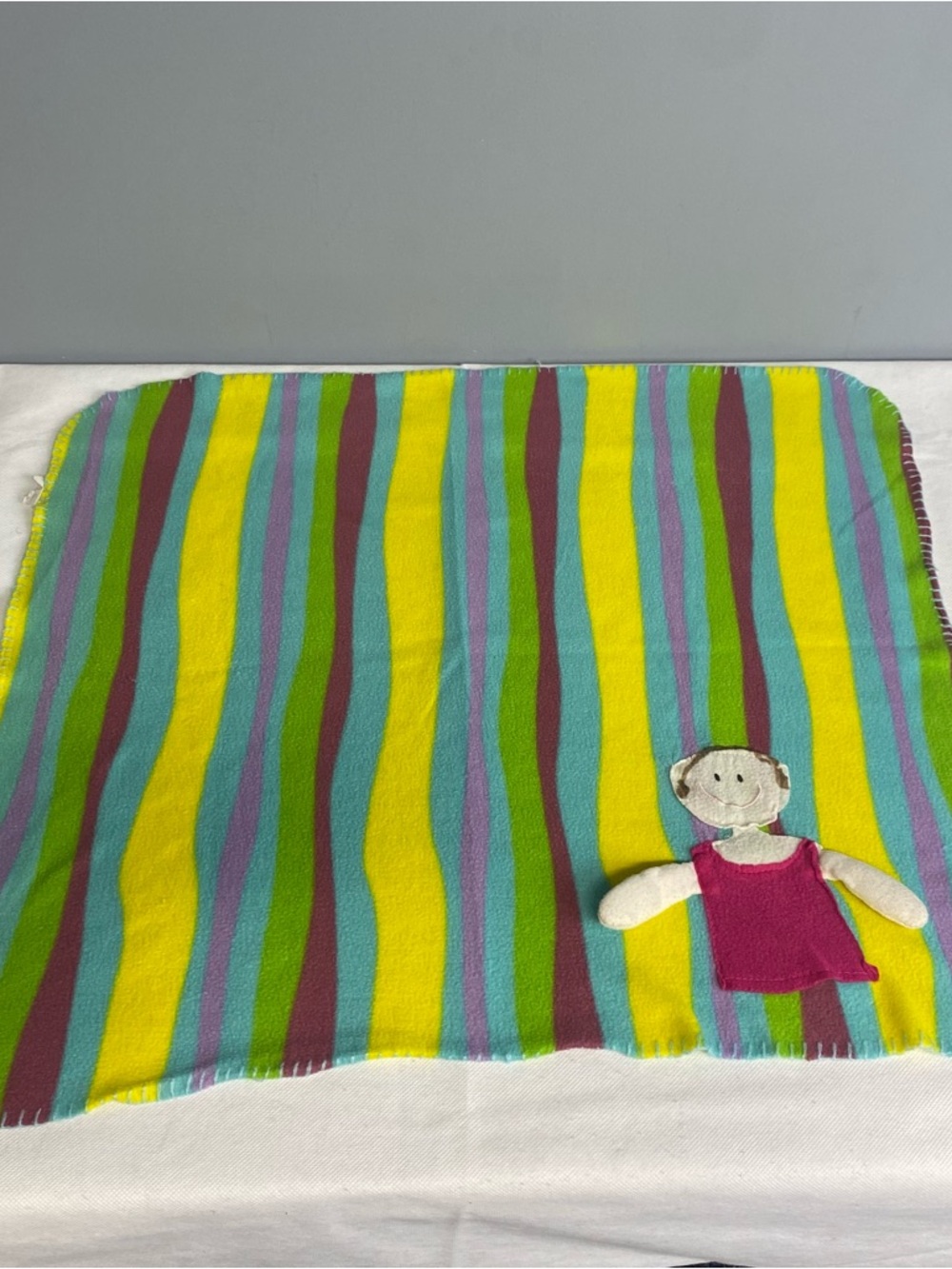 Vintage Striped Multicolor Baby Blanket with Doll Appliqué